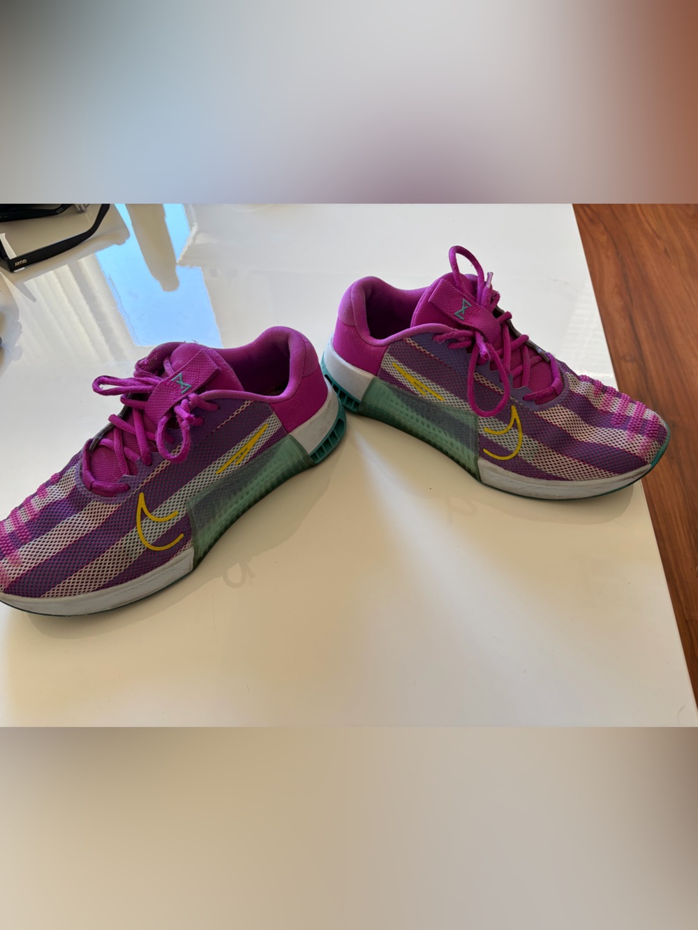 Nike Women's Purple Pink Green Athletic Shoes with Yellow Swoosh